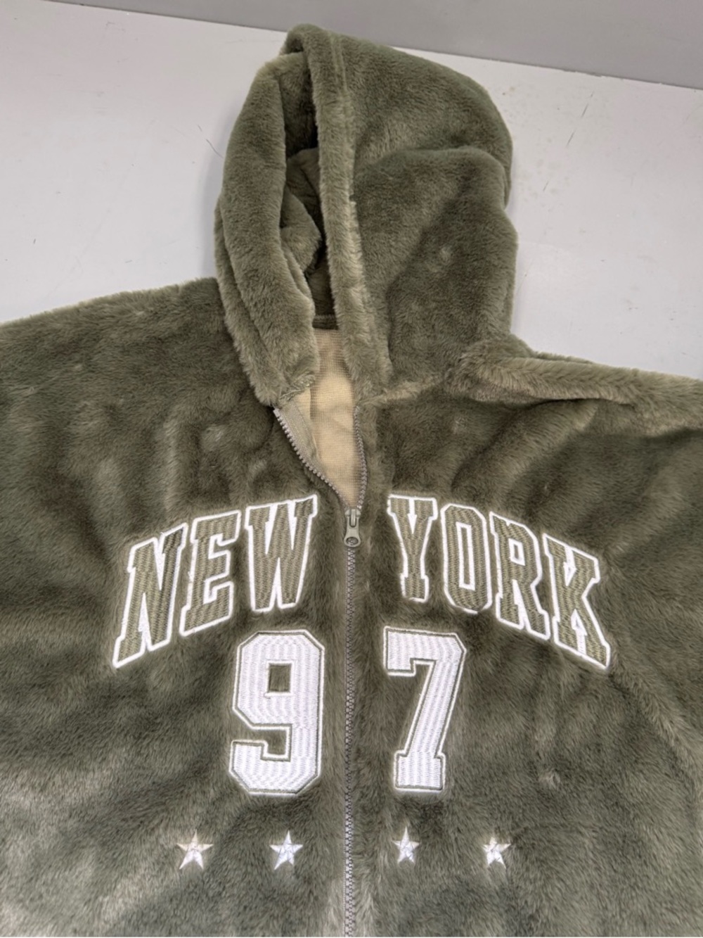 Harper & Ivy Olive Green Plush Zip Hoodie Teddy Coat Jacket 97 New York size L